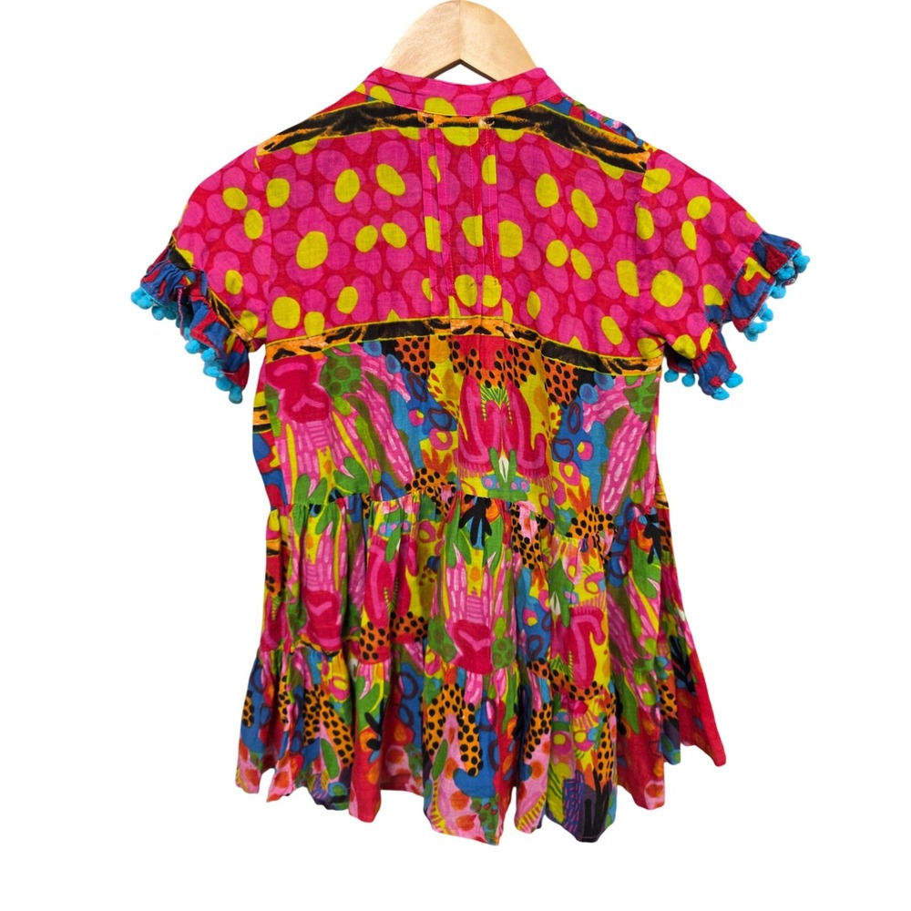 Antica Sartoria Girls Dress M Pink Red Multicolor Beaded Boho Pom Pom Italian - Picture 2 of 8